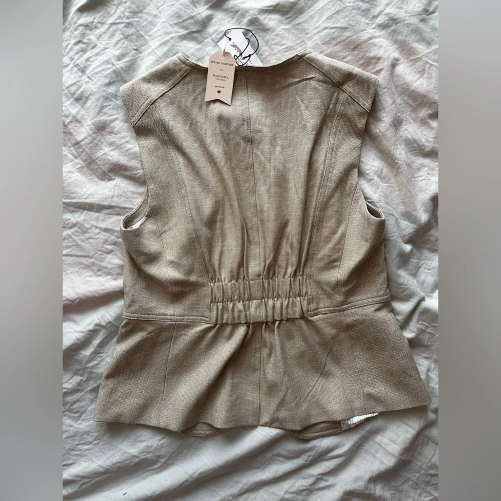 Maison d’Amélie Paris Tailored Vest Beige Linen Blend Peplum Waistcoat Elegant - Picture 6 of 7